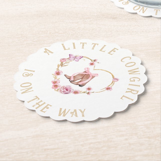 A Little Cowgirl is on the Way Girl Baby Shower Paper Coaster (Angled)