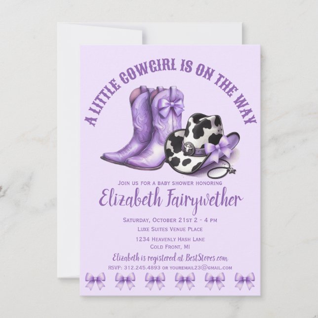 A Little Cowgirl Purple Bows Baby Shower Invitation (Front)