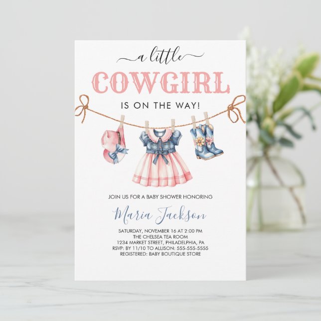 A Little Cowgirl Wild West Blue girl Baby Shower Invitation (Standing Front)