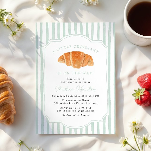 A Little Croissant Is on the Way Mint Baby Shower Invitation (Creator Uploaded)