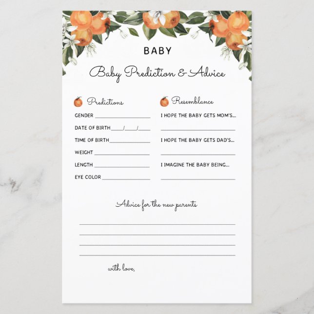 A Little Cutie Baby Shower Games Prediction and Ad (Front)