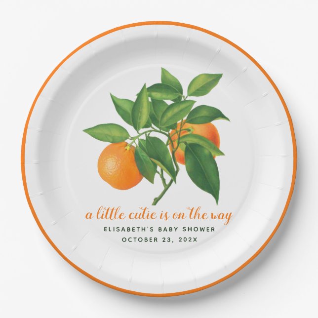 A Little Cutie Baby Shower Orange Citrus Leaves Paper Plate (Front)