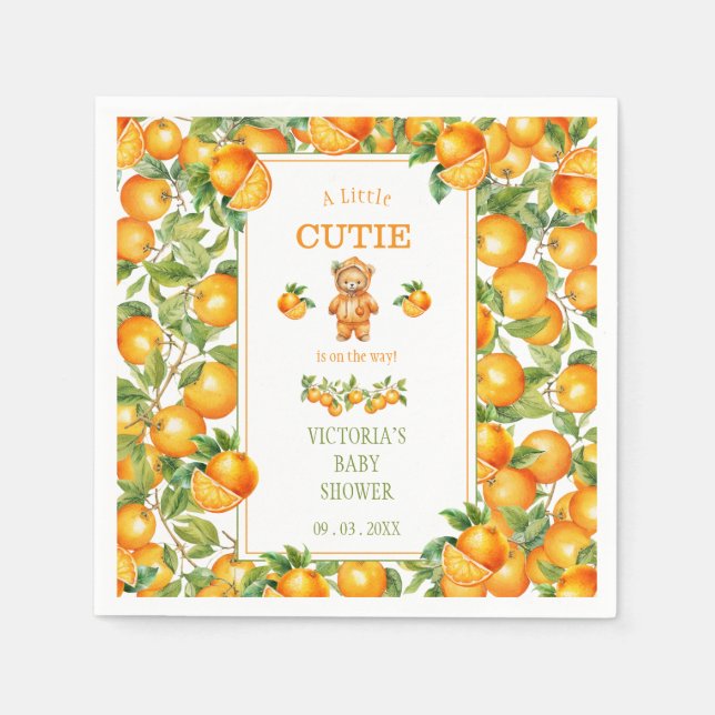 A Little Cutie Bear Orange Baby Shower Napkin (Front)