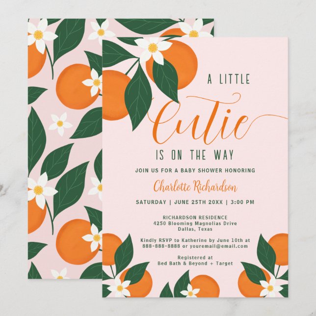 A Little Cutie Citrus Orange Botanical Baby Shower Invitation (Front/Back)