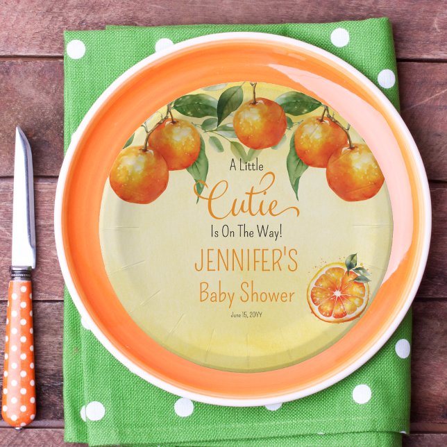 A Little Cutie Citrus Watercolor Baby Shower Paper Plate ("A Little Cutie Is On The Way!" Orange Clementine Citrus-Themed Baby Shower Paper Plates)
