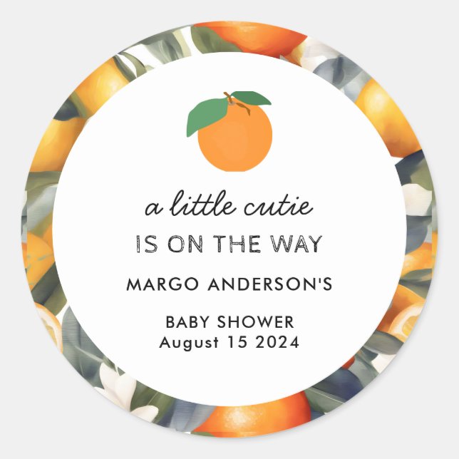 A Little Cutie is on the Way Citrus Baby Shower Classic Round Sticker (Front)