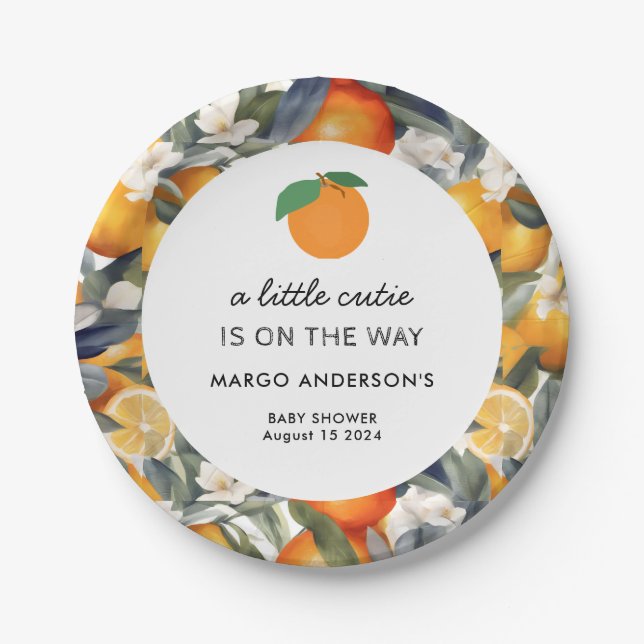 A Little Cutie is on the Way Citrus Baby Shower Paper Plate (Front)