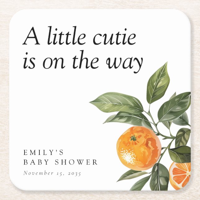 A Little Cutie Is On The Way Citrus Baby Shower Square Paper Coaster (Front)