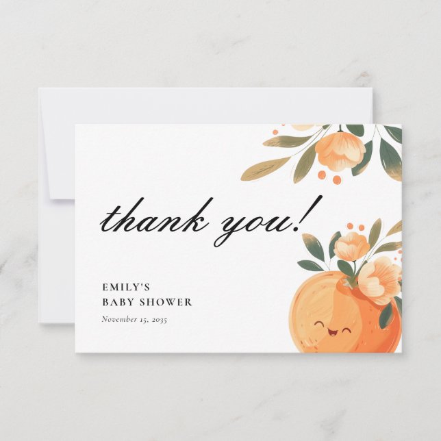 A Little Cutie Is On The Way Citrus Baby Shower Thank You Card (Front)
