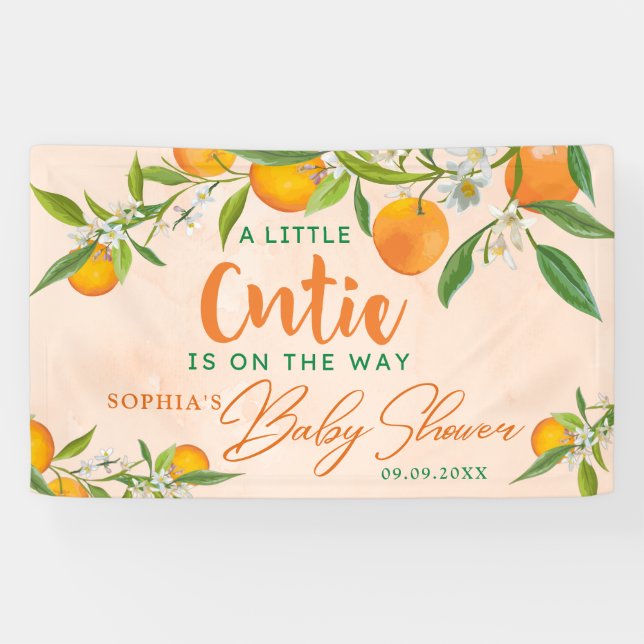 A Little Cutie Is On The Way Orange Baby Shower Banner (Horizontal)