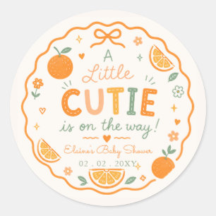 A Little Cutie Is On The Way Orange Baby Shower Classic Round Sticker