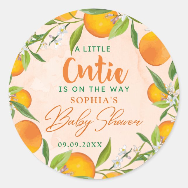 A Little Cutie Is On The Way Orange Baby Shower Classic Round Sticker (Front)