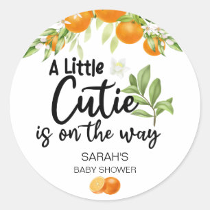 A Little Cutie is on the way Orange Baby Shower Classic Round Sticker
