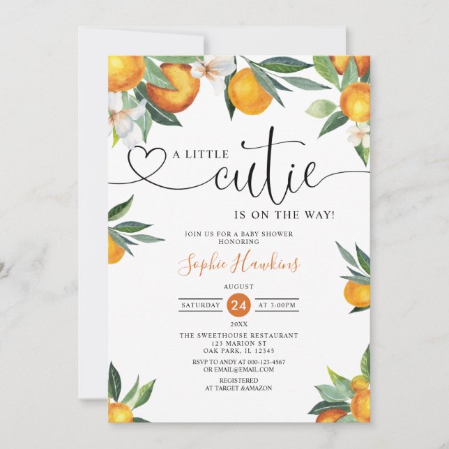 A Little Cutie is on the Way Orange  Baby Shower I Invitation (Front)