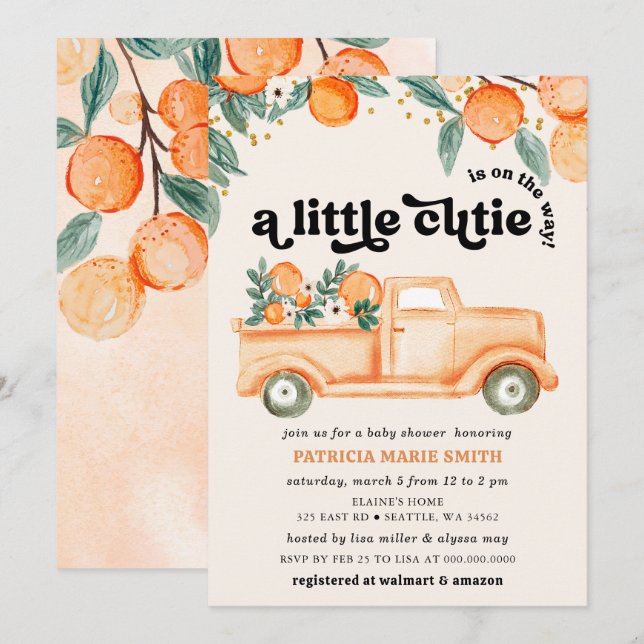 A Little Cutie Is On The Way Orange Baby Shower Invitation (Front/Back)