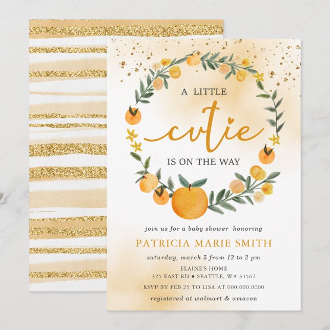 A Little Cutie Is On The Way Orange Baby Shower Invitation (Front/Back)