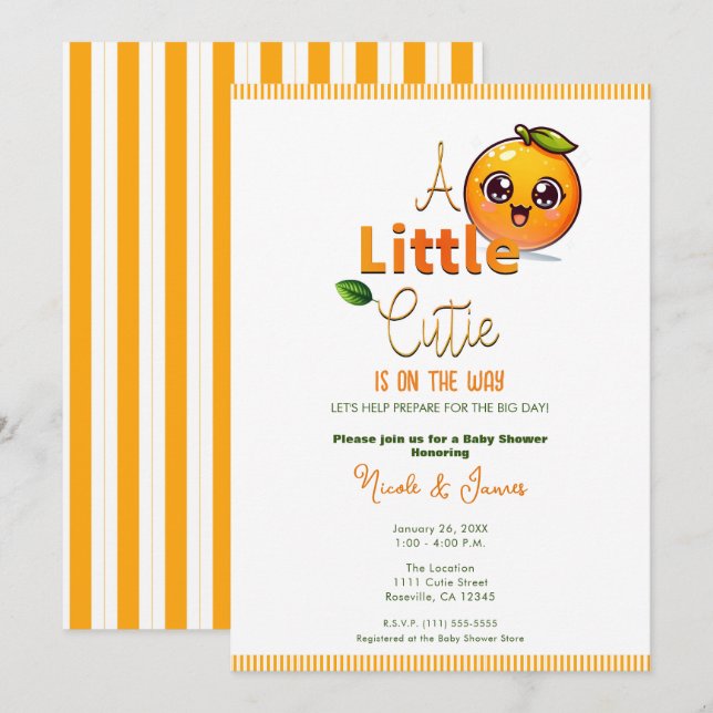 A Little Cutie is on the Way Orange Baby Shower Invitation (Front/Back)