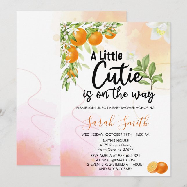 A Little Cutie is on the way Orange Baby Shower Invitation (Front/Back)