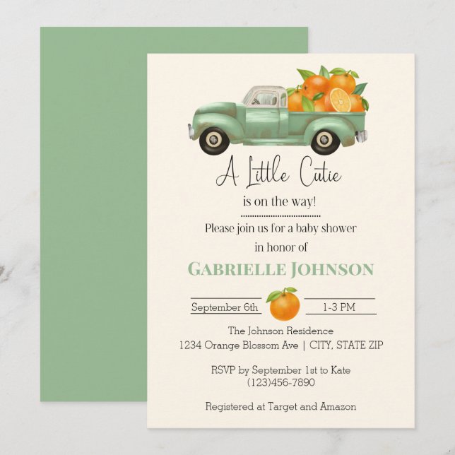 A Little Cutie is on the Way Orange Baby Shower  Invitation (Front/Back)