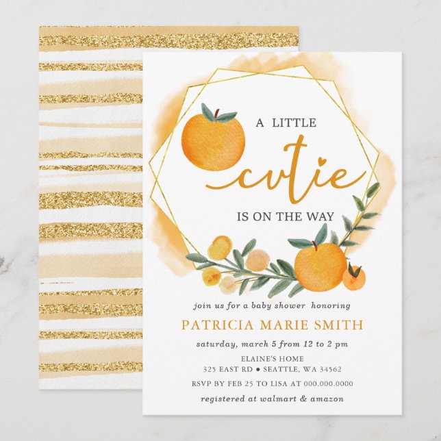 A Little Cutie Is On The Way Orange Baby Shower Invitation (Front/Back)