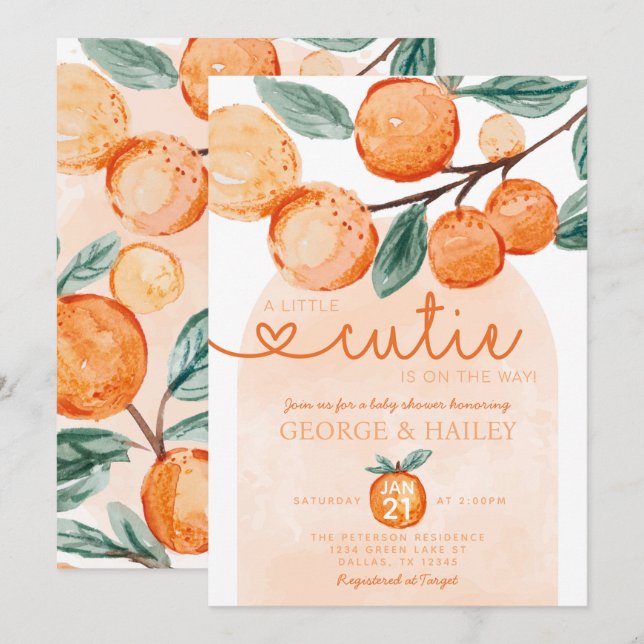A Little Cutie is on the Way Orange Baby Shower Invitation (Front/Back)