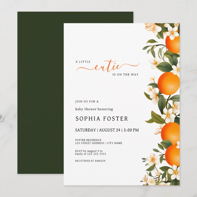 A Little Cutie is on the Way Orange Baby Shower Invitation (Front/Back)