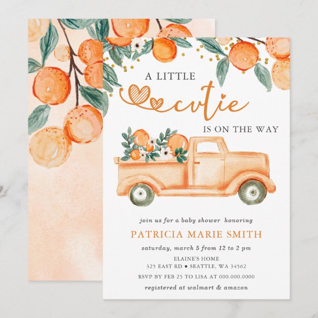 A Little Cutie Is On The Way Orange Baby Shower Invitation (Front/Back)