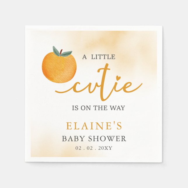A Little Cutie Is On The Way Orange Baby Shower  Napkin (Front)