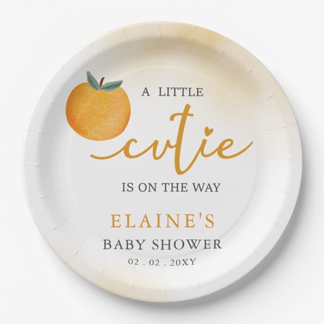 A Little Cutie Is On The Way Orange Baby Shower  Paper Plate (Front)