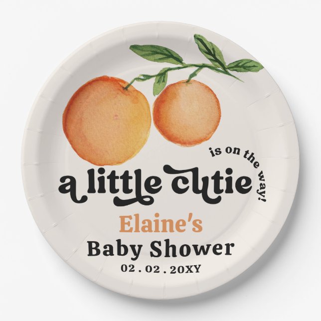 A Little Cutie Is On The Way Orange Baby Shower  Paper Plate (Front)