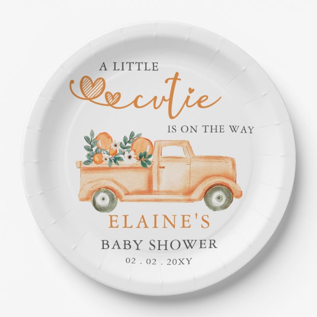 A Little Cutie Is On The Way Orange Baby Shower  Paper Plate (Front)