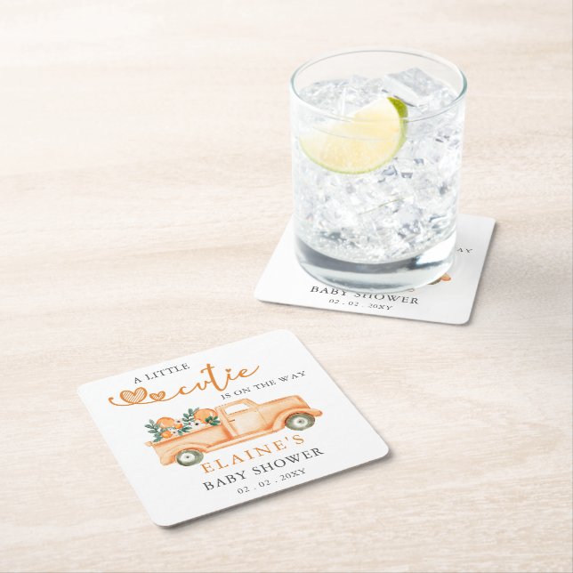 A Little Cutie Is On The Way Orange Baby Shower  Square Paper Coaster (Insitu)