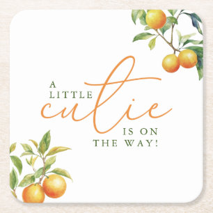 A Little Cutie Is On The Way Orange Baby Shower Square Paper Coaster
