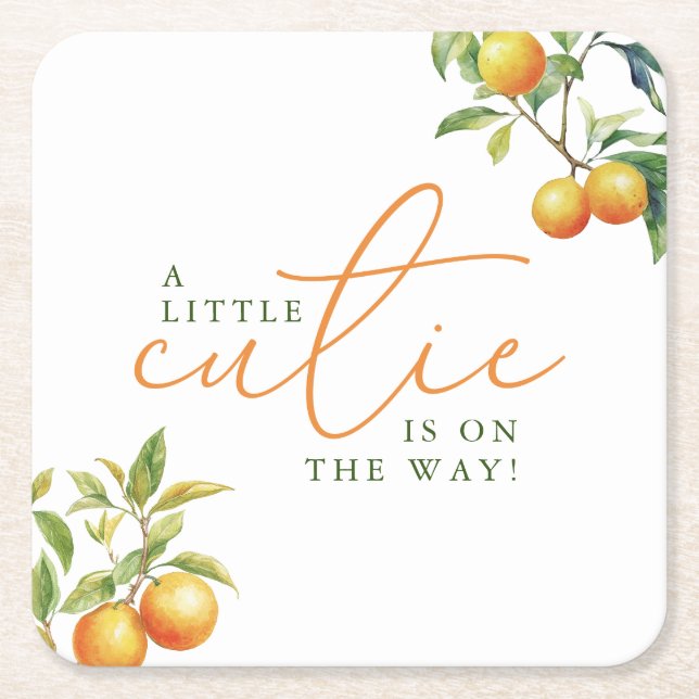 A Little Cutie Is On The Way Orange Baby Shower Square Paper Coaster (Front)