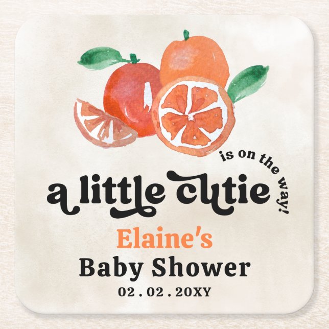A Little Cutie Is On The Way Orange Baby Shower  Square Paper Coaster (Front)