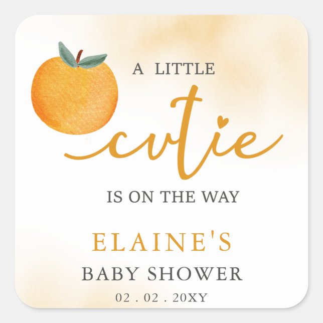 A Little Cutie Is On The Way Orange Baby Shower  Square Sticker (Front)