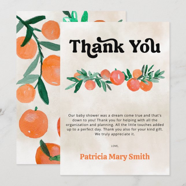 A Little Cutie Is On The Way Orange Baby Shower  Thank You Card (Front/Back)