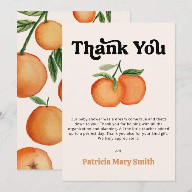 A Little Cutie Is On The Way Orange Baby Shower  Thank You Card (Front/Back)