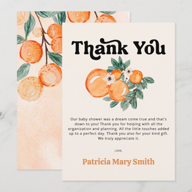 A Little Cutie Is On The Way Orange Baby Shower  Thank You Card (Front/Back)