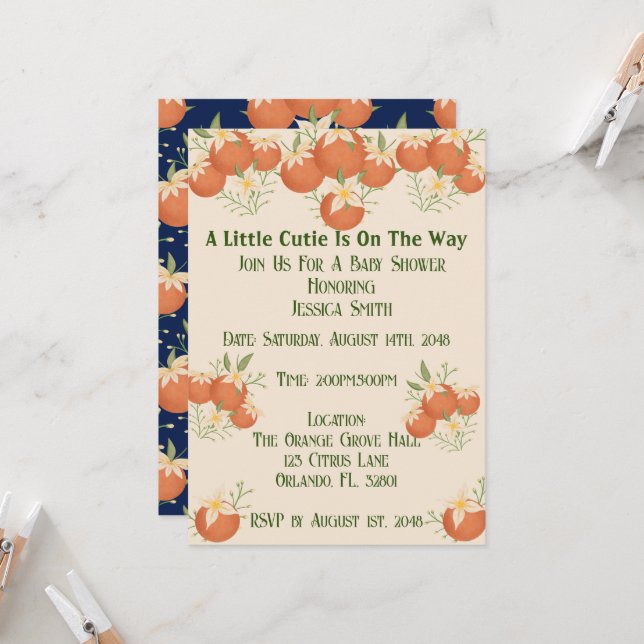 A Little Cutie is On The Way-Orange Blossom- Blue Invitation (Front/Back In Situ)