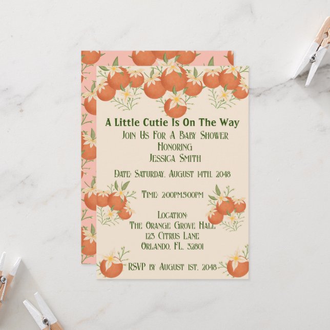 A Little Cutie is On The Way -Orange Blossom-Pink Invitation (Front/Back In Situ)