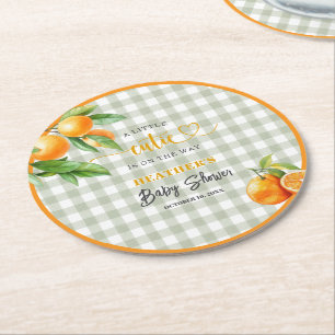 A Little Cutie is on the Way Oranges Baby Shower Round Paper Coaster