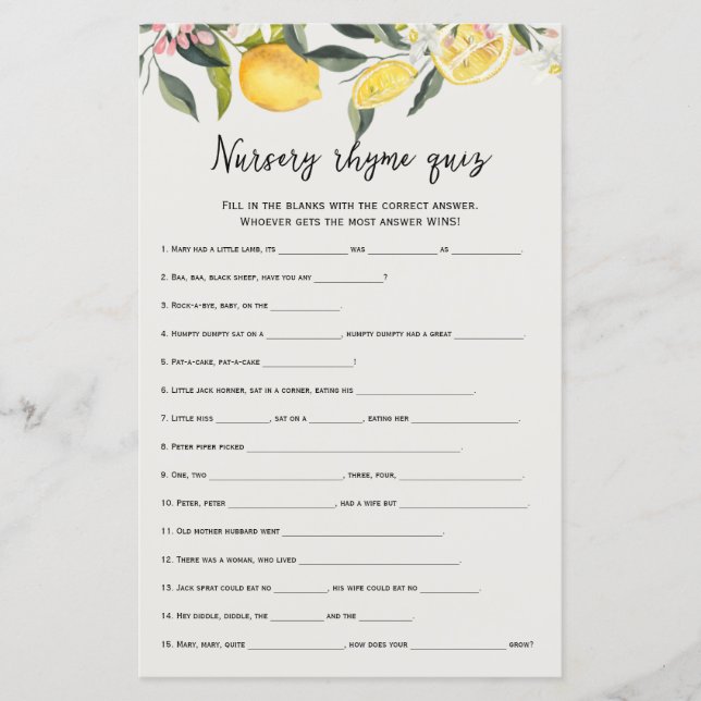 A little cutie nursery rhyme quiz baby shower game (Front)
