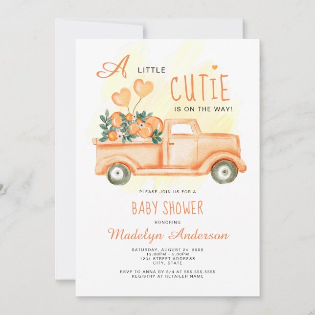 A Little Cutie on the Way Citrus Baby Shower Invitation (Front)