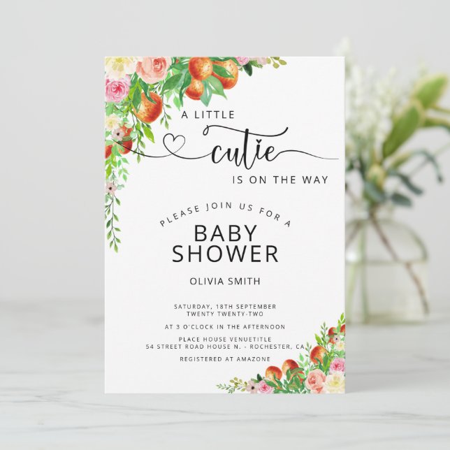 A little cutie on the way greenery baby shower  invitation (Standing Front)
