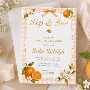 A Little Cutie Orange Blossom Gingham Sip And See Invitation