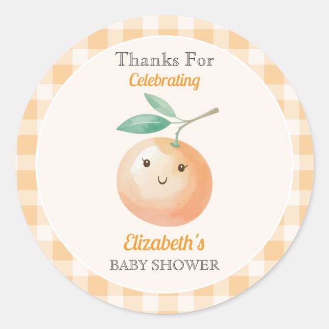 A Little Cutie Orange Gingham Citrus Baby Shower Classic Round Sticker (Front)