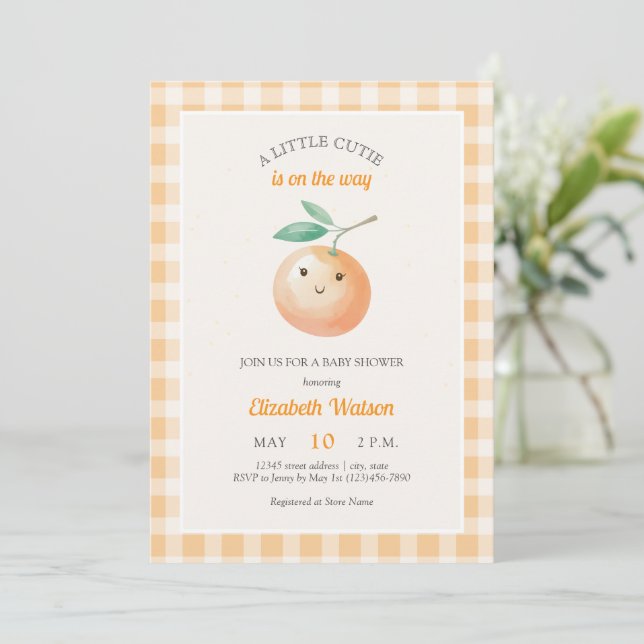 A Little Cutie Orange Gingham Citrus Baby Shower Invitation (Standing Front)