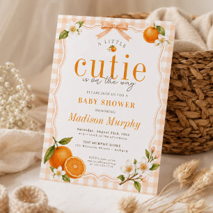 A Little Cutie Orange Gingham Gender Neutral Invitation