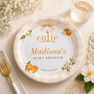 A Little Cutie Orange Gingham Neutral Baby Shower Paper Plate